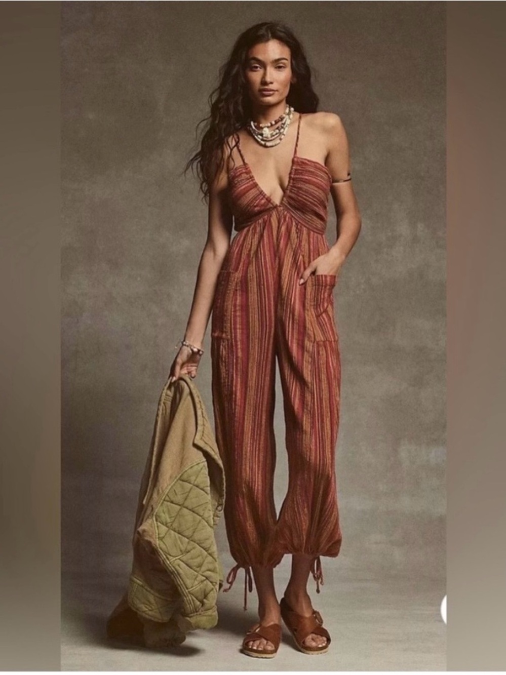 FREE PEOPLE Sundaze For Surfin Jumpsuit In Red Clay Combo M Striped Harlem Gauzy